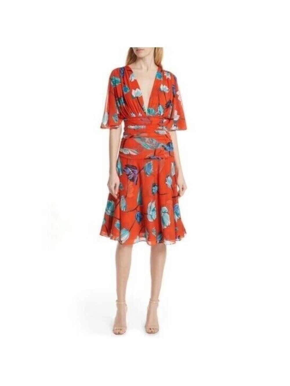 Diane von Furstenberg Asher Dress Orange Mesh Flutter Sleeve Ruched Cinch Size S
